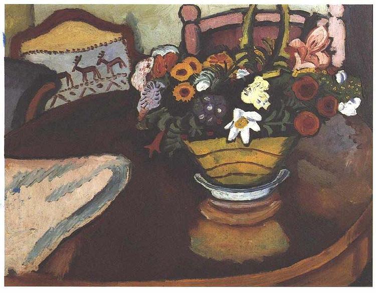 August Macke Stil live with pillow with deer-decor and a bouquet oil painting picture